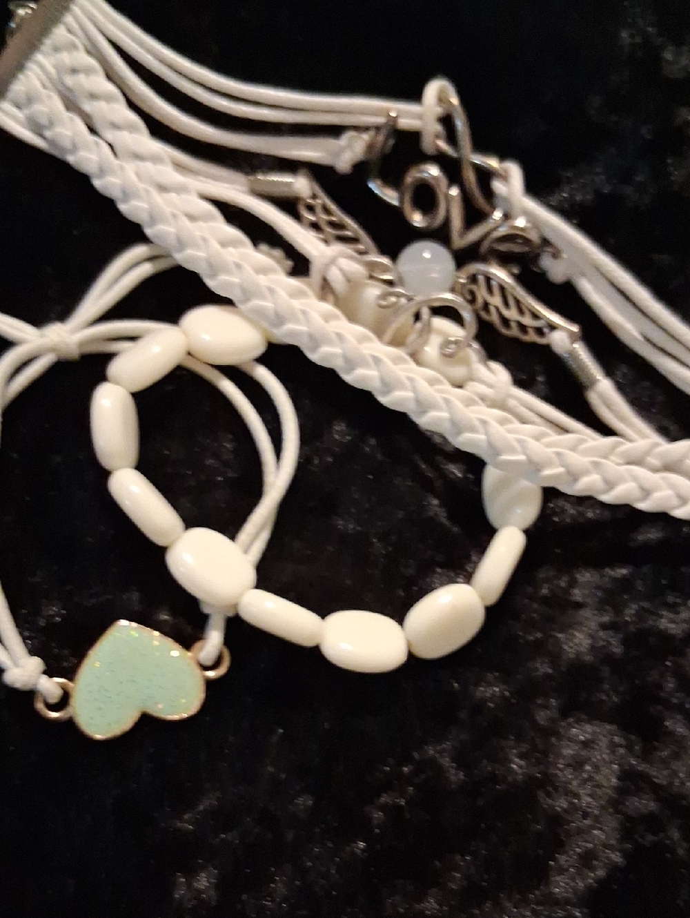 White Beaded Bracelet Set with Mint Heart Charm  Layered Leather.